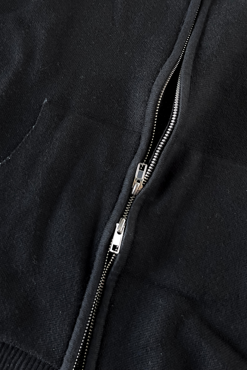 Knitted Wool-Blend Zip Oversized Hoodie - Black