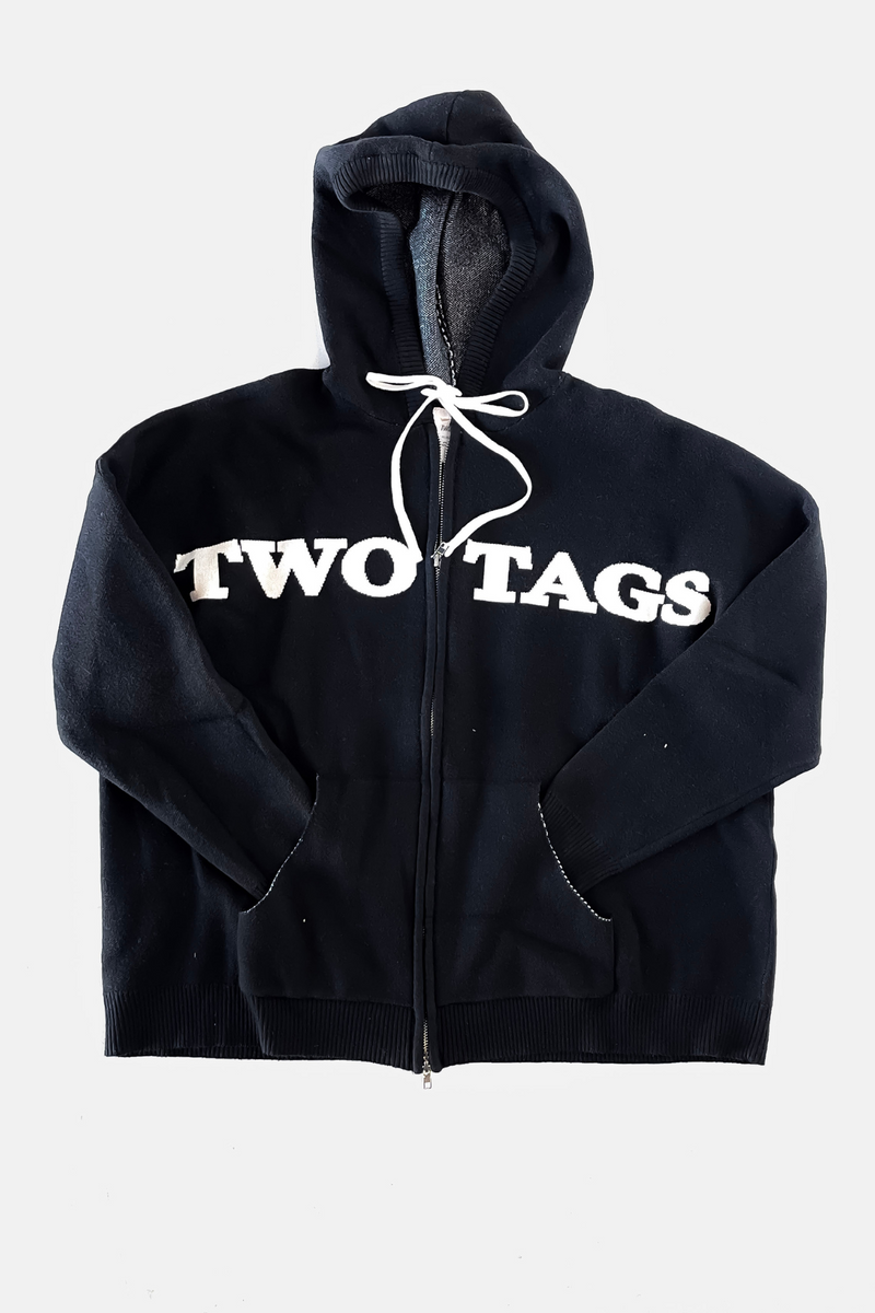 Knitted Wool-Blend Zip Oversized Hoodie - Black